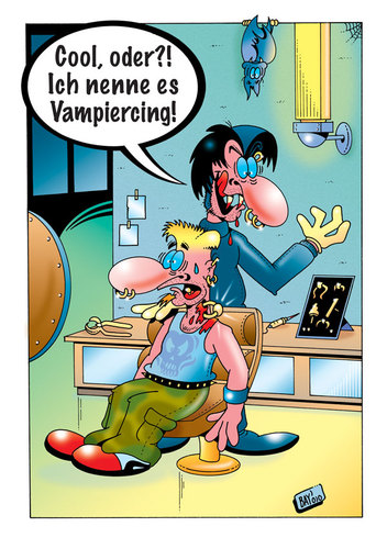 Cartoon: Piercing mit Biss! (medium) by stefanbayer tagged vampir,piercing,vampiercing,piercingstudio,piercen,schmuck,mode,beissen,stechen,bohren,fledermaus,nacht,blut,blutsauger,stefan,bayer,saugen