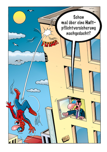 Cartoon: Spiderman (medium) by stefanbayer tagged spiderman,diespinne,spinne,versicherung,haftpflicht,haftpflichtversicherung,anhaften,herabfallen,superhelden,helden,hochhaus,stefanbayer,nachdenken,bay