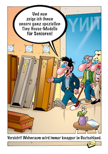 Cartoon: Tiny House (medium) by stefanbayer tagged tinyhouse,wohnung,wohnraum,immobilien,knappheit,wohnungsnot,politikversagen,sarg,senioren,stefanbayer,sozialwohnungen,bay