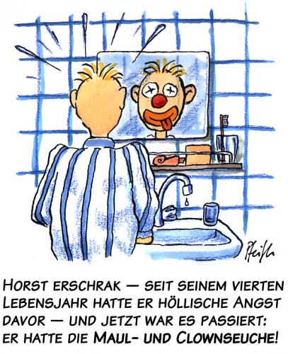Cartoon: Maul- und Clownseuche (medium) by Andreas Pfeifle tagged morgen,aufstehen,angst,maul,clown,clownseuche,seuche,badezimmer,bad