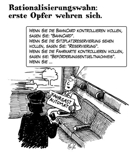 Cartoon: Rationalisierungswahn (medium) by Andreas Pfeifle tagged rationalisierung,automat,bahn,fahrgast,kontrolleur,schaffner