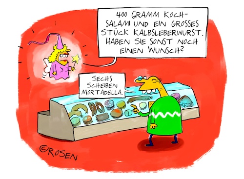 Cartoon: 3 Wünsche (medium) by Holga Rosen tagged fee,wurst,fee,wurst,mortadella,salami,leberwurst,theke