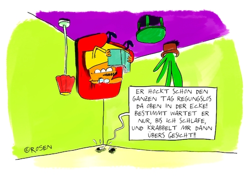 Cartoon: Spinnenphobie (medium) by Holga Rosen tagged spinnen,angst,spinnen,angst,umgekehrt,decke,oben,krabbeln,gesicht,mann,sessel,auf,dem,kopf