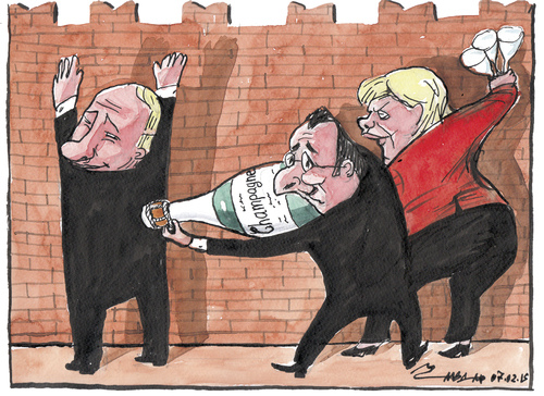 Cartoon: moscow peace talks (medium) by Tchavdar tagged moscow,putin,merkel,hollande,russia,ukraine,peace,talks