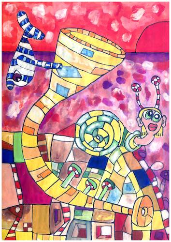Cartoon: Schneckie und die Delfintrompete (medium) by FMWalter tagged märchen,illustrationen,fantasie,farbenharmonie,aquarellmalen,traumbewusstsein,kreativität,farbenausdruck,moderne,kunst,parakunst,parasemasiologie