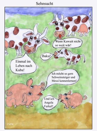 Cartoon: Sehnsucht (medium) by FMWalter tagged kuh,rindvieh,angelamerkel,schweinsteiger,messi,fußball