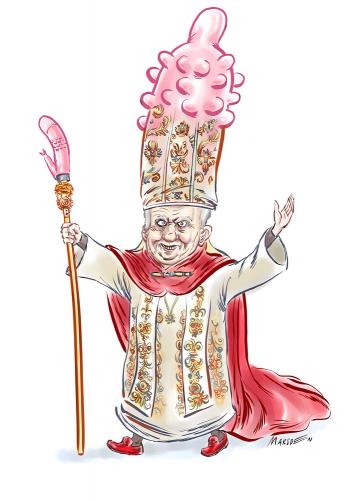 Cartoon: ask the pope... (medium) by ian david marsden tagged pope,condom,abstinence,priest,kondom,papst,birth,control,verhuetung,cartoon,cartoons,illustration,papst,abt,beichte,bekenntnis,bibel,ehrfurcht,glaube,jesus christus,himmel,religion,sünde,testament,benedikt,ratzinger,kondome,kondom,verhütung,verhütungsmittel,geschlechtsverkehr,sex,afrika,enthaltung,ehe,ehepaar,vatikan,jesus,christus