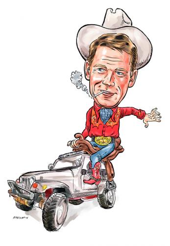 Cartoon: Caricature Karikatur from Photo (medium) by ian david marsden tagged caricture,karikatur,ab,foto,from,photograph,portrait,,karikatur,foto,portrait,auto,jeep,auto,fahren,mann,cowboy,rauchen,sattel