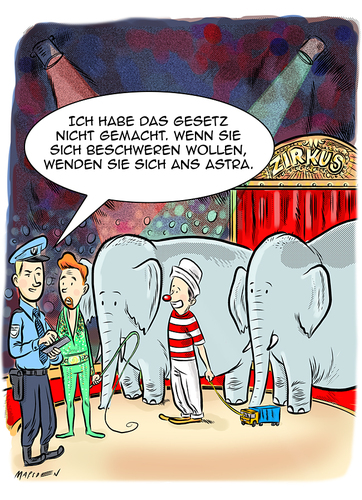 Cartoon: Gesetze gegen Elefantenrennen (medium) by ian david marsden tagged elefantenrennen,trucks,lastwagen,polizei,kontrolle,zirkus,clown,elefanten