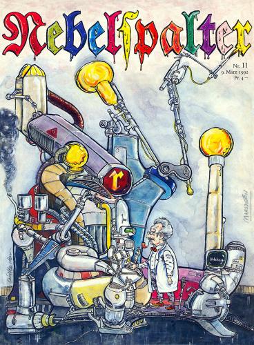 Cartoon: Nebelspalter Cover 1992 (medium) by ian david marsden tagged nebelspalter,cover,machines,magazine,cartoon,marsden,titel,titelblatt,zeitschrift,nebelspalter,cover,fortschritt,magazin,technik,wissenschaft,wissenschaftler,maschine,titelblatt,zeitschrift