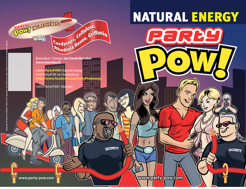 Cartoon: Party POW! Natural Energy (medium) by ian david marsden tagged party,pow,natural,energy,supplement,illustration,vector,packaging,verpackung,cool,scene,skyline,illustrator