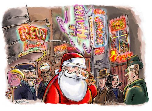 Cartoon: Santa on the Reeperbahn (medium) by ian david marsden tagged santa,claus,hamburg,reeperbahn,sailors,weihnachtsmann,hamburg,reeperbahn,seefahrer,seemann,stadt