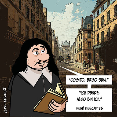 Cartoon: Rene Descartes (medium) by Miguelez tagged descartes,philosophie,sein