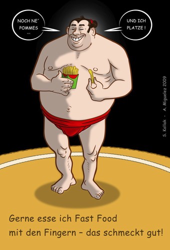 Cartoon: Vorsicht Heiss und fettig! (medium) by Miguelez tagged fastfood,sumo,pommes