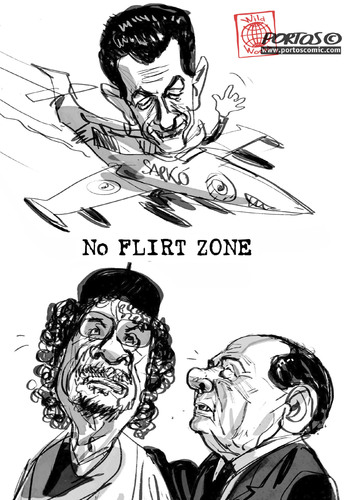 Cartoon: No Flirt Zone (medium) by portos tagged sarkozy,berlusconi,gheddafi