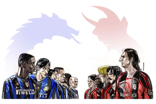Cartoon: Inter vs Milan illustrazione (medium) by portos tagged inter,vs,milan,illustrazione,corriere,della,sera