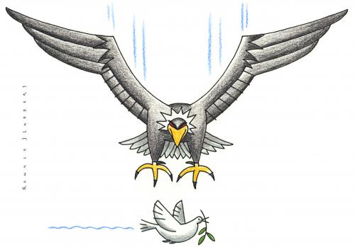 Cartoon: P E A C E (medium) by Ronald Slabbers tagged krieg,war,usa,taube,friedes,adler,eagle,pigeon,peace,frieden