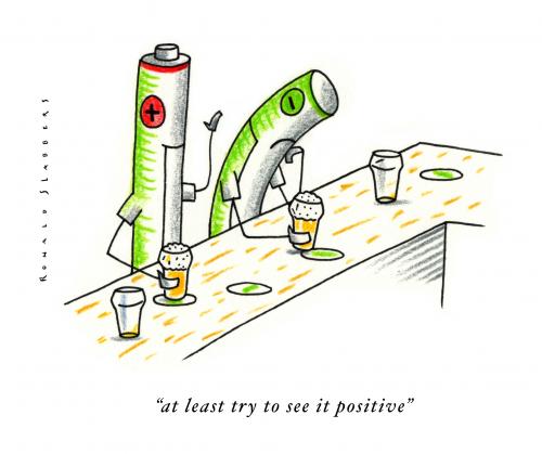Cartoon: see it positive (medium) by Ronald Slabbers tagged trinken,umwelt,krise,energie,energiekrise,freunde,environment,drinking,friends,bar,negative,positive,crisis,energy