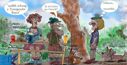 Cartoon: im Biergarten (medium) by wheelman tagged bayern,bier,biergarten,transgender,andere,männer,frauen,hunde