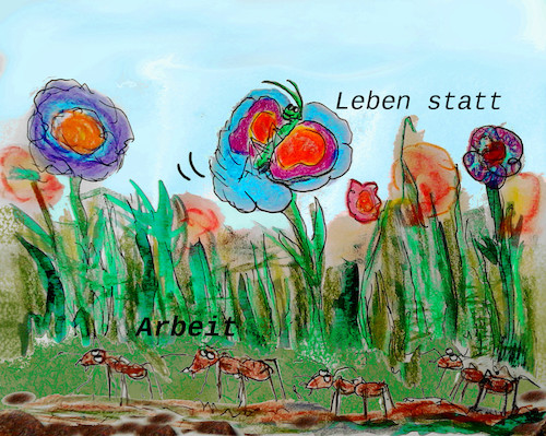 Cartoon: von der natur lernen (medium) by wheelman tagged sonne,wärme,draussen,natur,schmetterling,ameisen