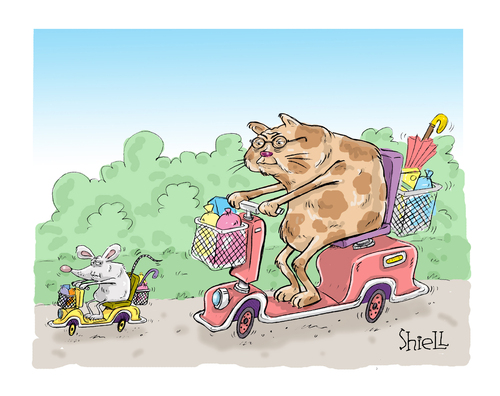 Cartoon: Puss n scoot (medium) by mikess tagged cat,mouse,chases,scooter,motorized,old,age,timer,aging,slowing,down,senior,citizen,and,chasing,getting,older,walker,gray