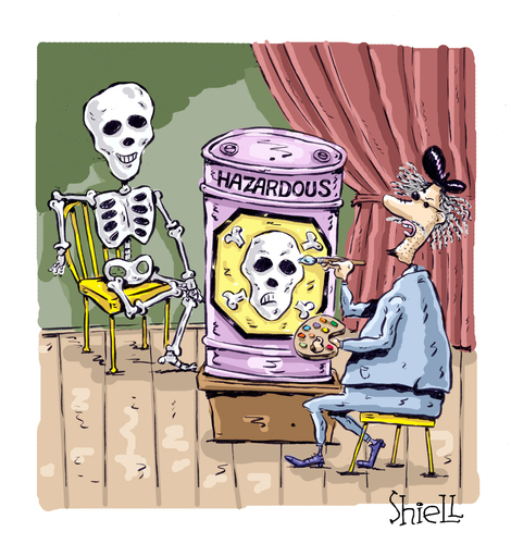 Cartoon: Skeleton Model (medium) by mikess tagged skeletons,bones,skull,and,cross,danger,hazard,hazardous,materials,waste,death,dead,artist,painting,painter,artists,model,paint,brush,nude,barrel,studio