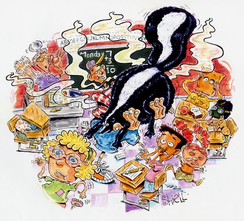 Cartoon: Skunk (medium) by mikess tagged shunk,stink,reek,fumes,class,classroom,student,teacher,desk,fear,blackboard,gas,mask,show,and,tell