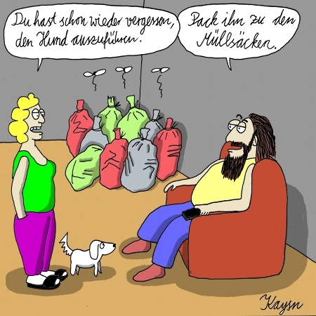 Cartoon: Müll (medium) by KAYSN tagged müll,ehe,hund,müllsäcke,gassi