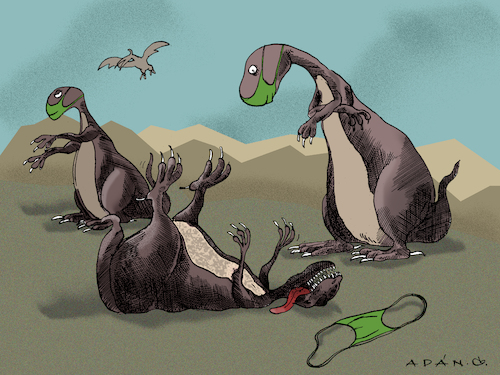 Cartoon: MASCARILLA (medium) by adancartoons tagged adan,dinosaurios,covid,cuba,mascarilla