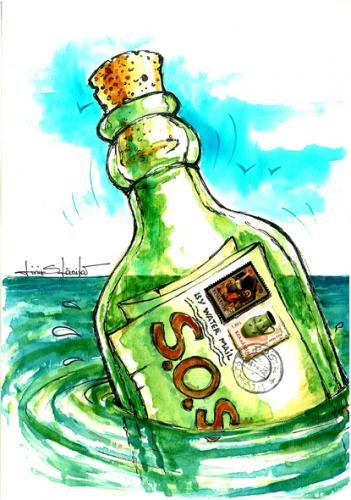 Cartoon: sos (medium) by Liviu tagged sos,bottle,stamps,