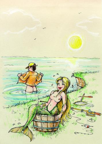 Cartoon: the mermaid (medium) by Liviu tagged mermaid,fishing,