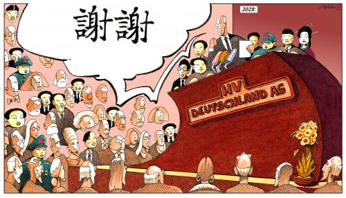 Cartoon: Chinesische Beteiligungen (medium) by Pohlenz tagged china,übernahme,investor,tigerstaat,wirtschaft,börse,aktie,anteil,firma,fachchinesisch,deutschland,ag,hauptversammlung