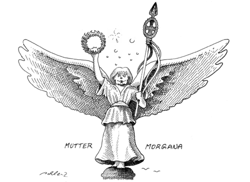 Cartoon: Mutter Morgana (medium) by Pohlenz tagged regierungserklärung,merkel,generalaussprache,angela merkel,cdu,schwarzgelb,schwarz,gelb,regierung,regierungserklärung,wolken,angela,merkel,siegessäule