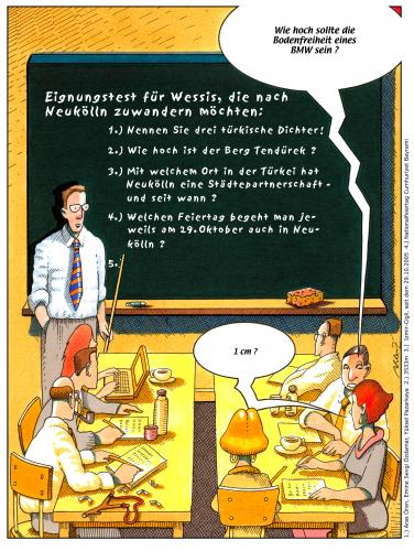 Cartoon: Neukölln (medium) by Pohlenz tagged zuwanderung,integration,zuwanderung,integration,klassenraum,neukölln,lehrer,schüler,tafel,frage,bmw,rütli,pisa,migration,migrationshintergrund,ausländer