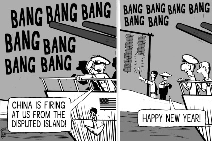 Cartoon: Disputed island firing (medium) by sinann tagged disputed,island,fire,warship,bang,new,year