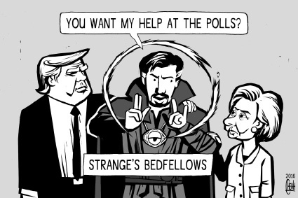 Cartoon: Dr Strange and politics (medium) by sinann tagged dr,strange,bedfellows,hillary,clinton,donald,trump