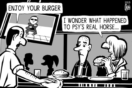 Cartoon: Horsemeat crisis (medium) by sinann tagged horsemeat,burger,psy,gangnam,horse