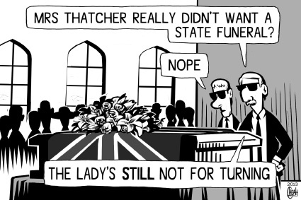 Cartoon: Margaret Thatcher RIP (medium) by sinann tagged margaret,thatcher,iron,lady,funeral,casket,turning