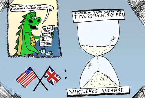 Cartoon: Assange Ecuador Embassy cartoon (medium) by laughzilla tagged julian,assange,ecuador,embassy,london,uk,england,usa,cartoon,editorial,comic,caricature,wikileaks,political