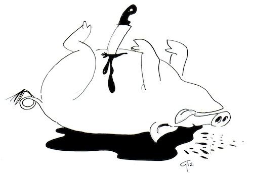 Cartoon: totes Schwein (medium) by gothiel tagged back,lying,blood,own,blutlache,blut,steckt,messer,tot,dead,butcher,slaughtered,pig,metzger,schlachter,schwein