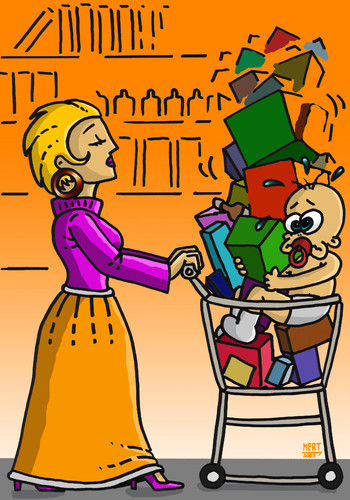 Cartoon: 7-77_2 (medium) by MERT_GURKAN tagged woman,shopping,baby,caricature