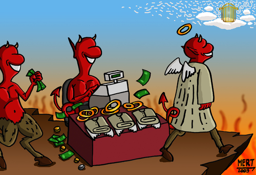 Cartoon: DEVILS (medium) by MERT_GURKAN tagged devil,angel,hell,sell,caricature