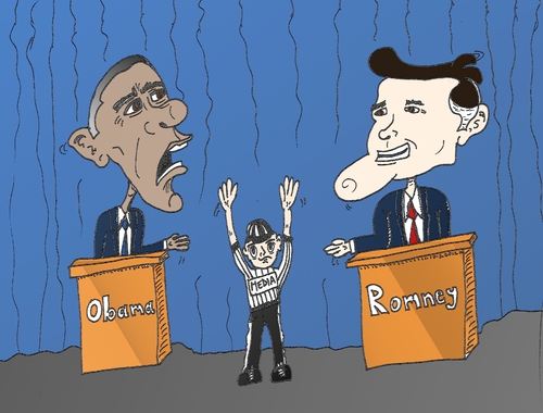 Cartoon: Caricature of Obama Romney (medium) by BinaryOptions tagged president,barack,obama,governor,mitt,romney,united,states,america,american,political,policy,nfl,referee,media,caricature,editorial,business,comic,cartoon,optionsclick,binary,options,trader,option,trading,trade,finance,news