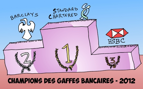 Cartoon: champions des gaffes bancaires (medium) by BinaryOptions tagged option,binaire,trader,options,binaires,trading,news,infos,nouvelles,caricature,dessin,comique,comics,hsbc,barclays,bank,standard,chartered