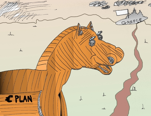 Cartoon: EUR Trojan Horse for Greece (medium) by BinaryOptions tagged binary,option,trader,trading,options,caricature,trojan,troy,horse,cartoon,comic,editorial,political,business,financial,satire,optionsclick,euro,eur