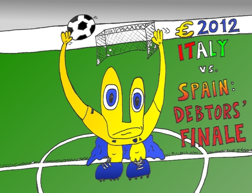 Cartoon: Euro 2012 Debtors Finale (medium) by BinaryOptions tagged caricature,business,economy,satire,spain,italy,final,championship,2012,football,uefa,euro,trading,options,option,binary