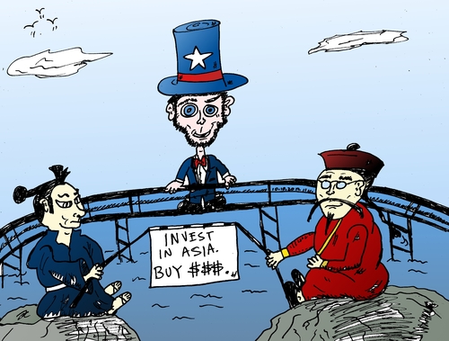 Cartoon: Invest in Asia. Buy USD cartoon (medium) by BinaryOptions tagged usd,yen,jpy,yuan,caricature,cartoon,editorial,binary,option,options,trader,trading,trade,optionsclick,uncle,sam,japanese,kimono,chinese,philosopher
