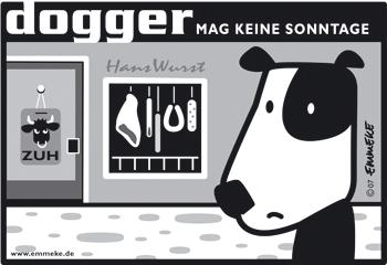 Cartoon: dogger (medium) by EMMEKE tagged animals,dogger,character,comic,tiere,dog,meat,butcher,sunday,store,hund,wurst,metzger,sonntag,dogs,design,vector,cartoon,bw,ladenschluß,verkaufsoffen