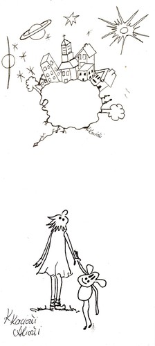 Cartoon: guck mal (medium) by KatrinKaciOui tagged stern,planet,erde,kind,puppe,sonne,mond,sterne,drachen,menschen,kinder,häuser,kinderzimmer,shop