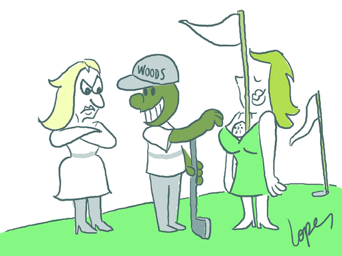 Cartoon: Tiger Woods (medium) by Lopes tagged golf,field,tiger,woods,wife,flag,ball,green,relationship,cheating